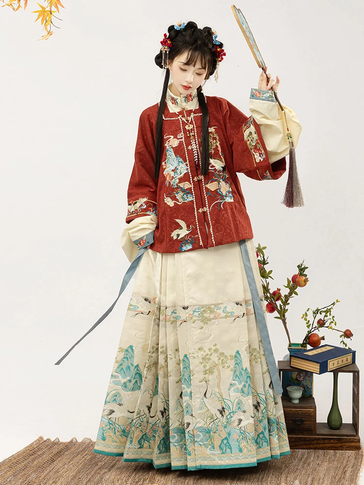 Ming Dynasty New Year Hanfu Vintage Crane Winter Horse Face Skirt