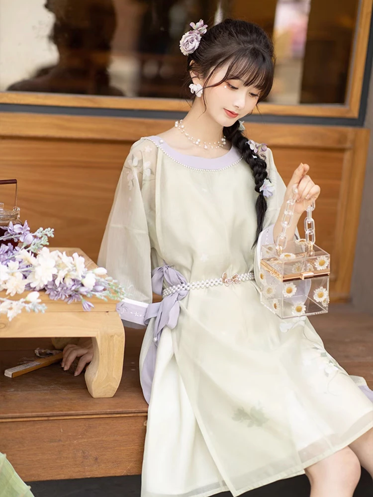 Women Ming Style Round Neck Shirt Dress Modern Hanfu