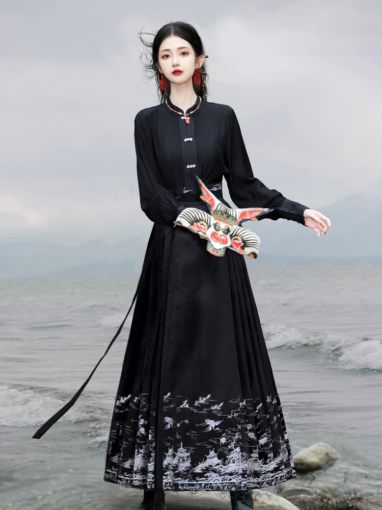 Women Casual Hanfu Ming Dynasty Mamian Skirt Set Black Dashing Style