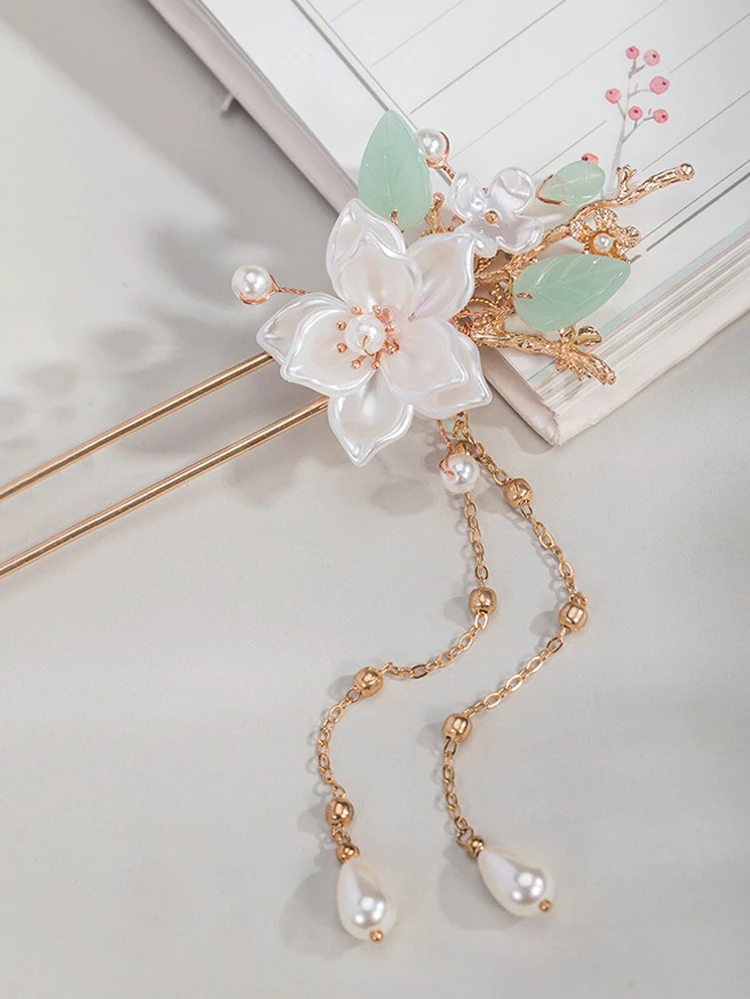 Hanfu Hairpin Ancient Style Camellia Tassel Headpiece
