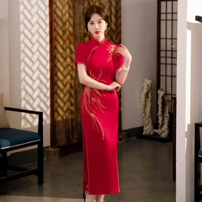long cheongsam red wedding qipao dress