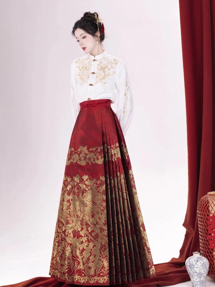 Ming Dynasty Hanfu Wedding Dress Gorgeous Red Mamian Dress Set