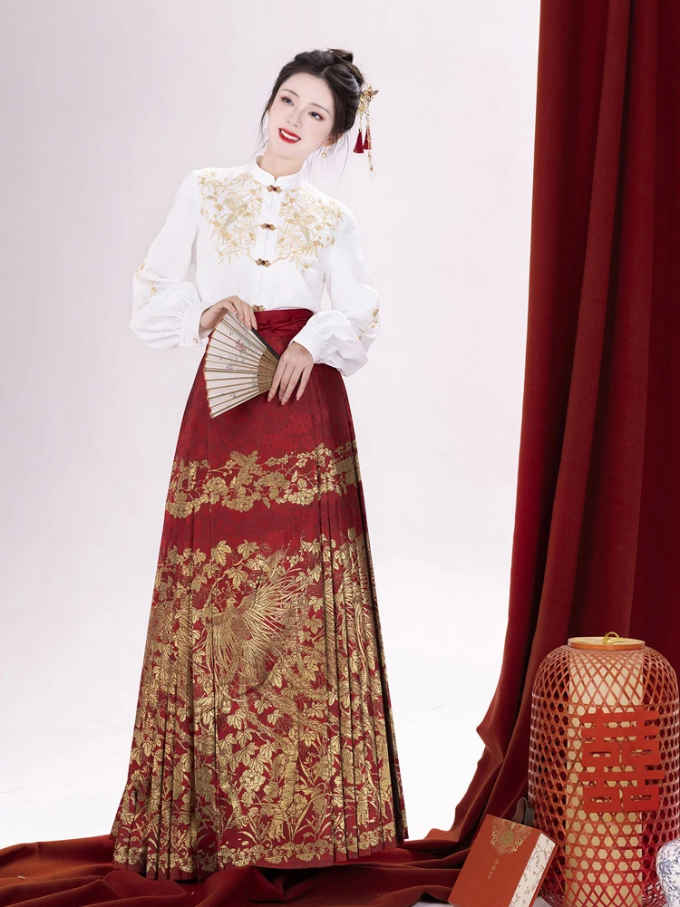 Ming Dynasty Hanfu Wedding Dress Gorgeous Red Mamian Dress Set