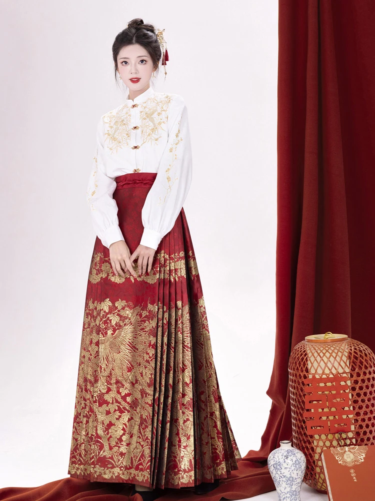 Ming Dynasty Hanfu Wedding Dress Gorgeous Red Mamian Dress Set