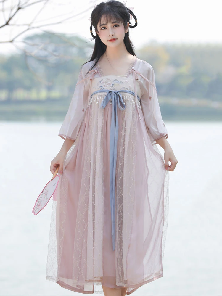 river fairy pink summer hanfu dress