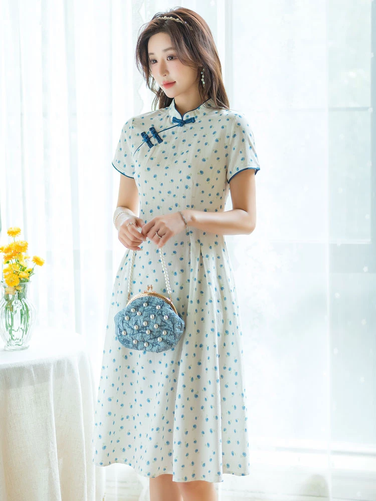 summer flower white cheongsam qipao dress
