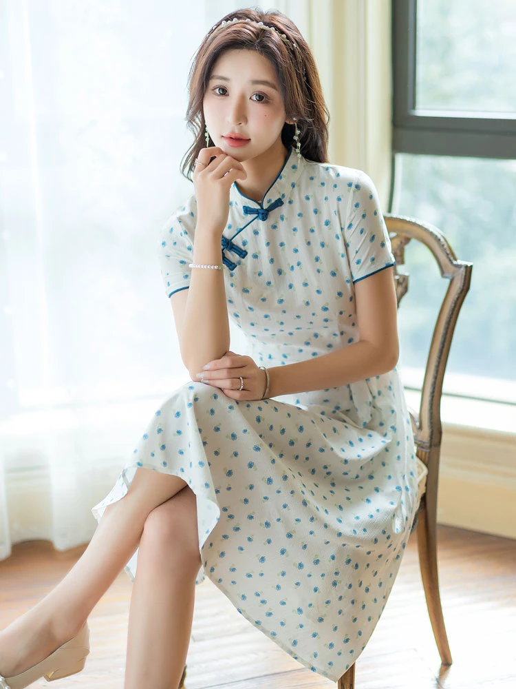 summer flower white cheongsam qipao dress