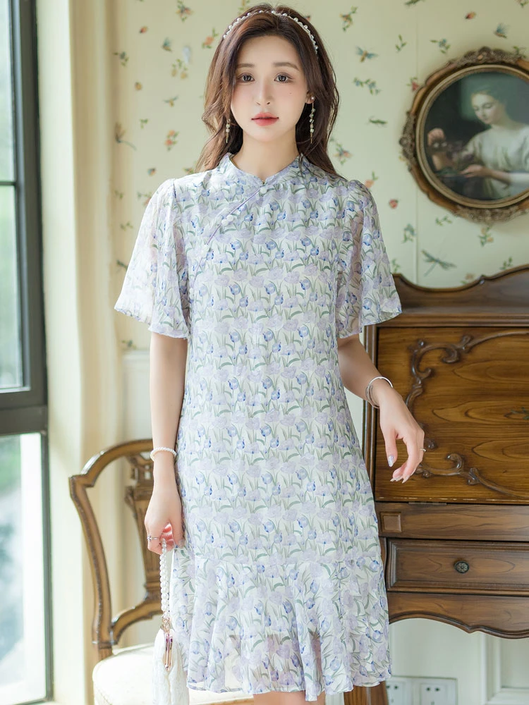 preppy blue modern qipao summer