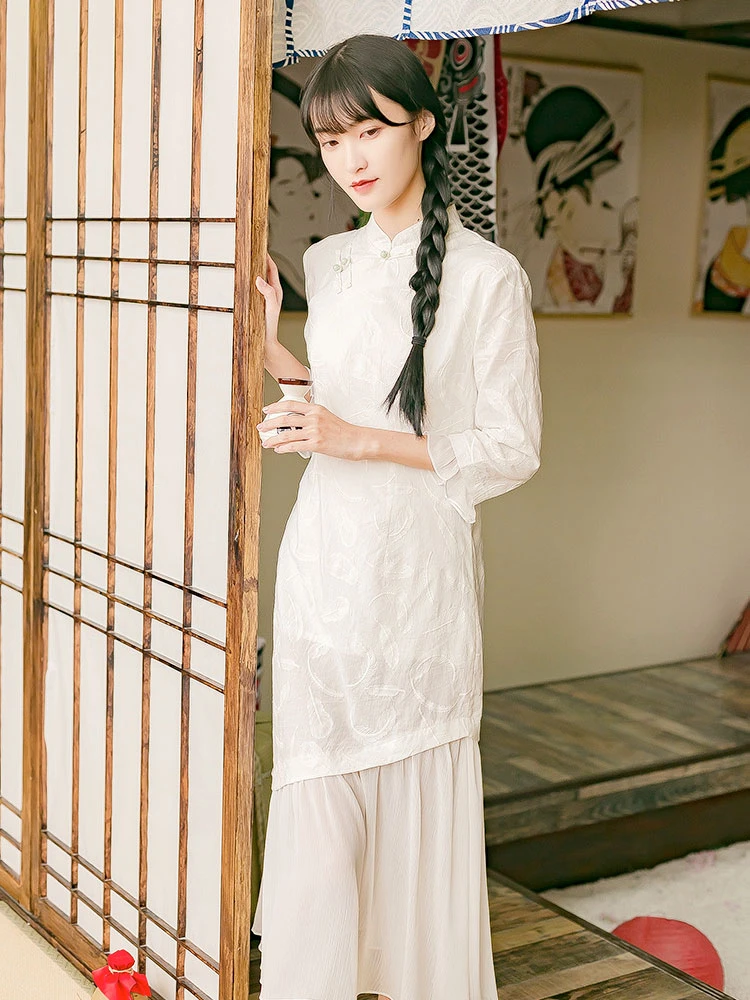 White Feather casual qipao dress
