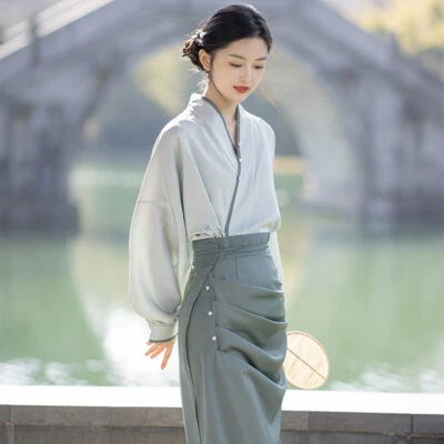 Spring GreenModern Song Style Women Hanfu Fashion Green Dress for Spring