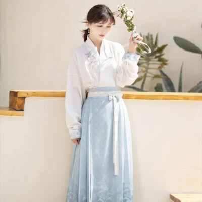 Women Blue Mamian Skirt Modern Hanfu Set for Spring