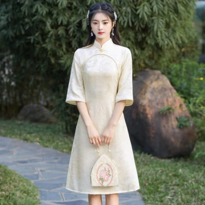 cream qipao modern cheongsam dress