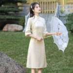 cream qipao modern cheongsam dress