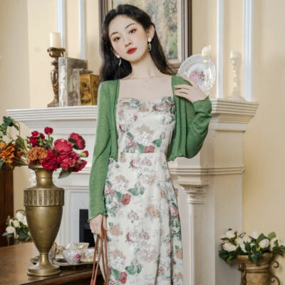 rose garden green Chinese dress