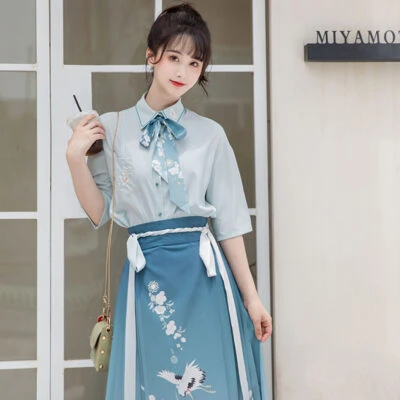 Modern Ming Style Mamian Costume Girl Blue Hanfu Dress