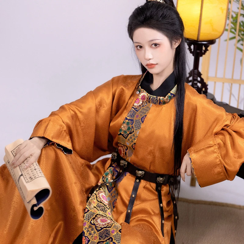 Orange-Tang-Dynasty-Round-Neck-Robe-Dunhuang-Style-Handsome-Hanfu-1 Orange Tang Dynasty Round Neck Robe Dunhuang Style Handsome Hanfu