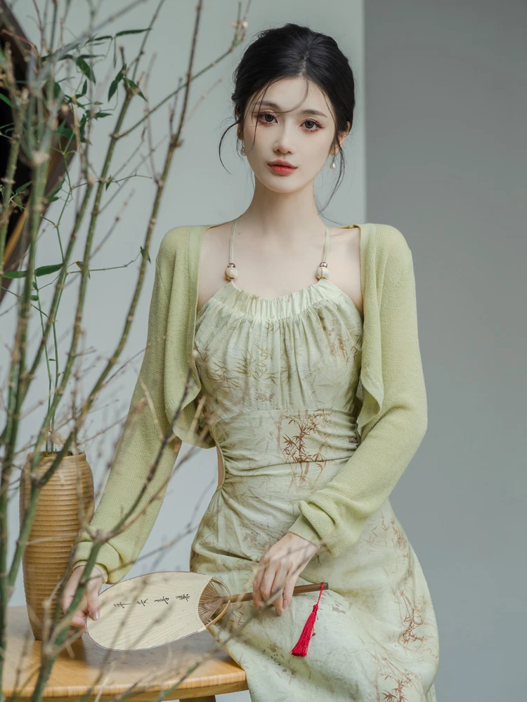 autumn bamboo green Chinese dress