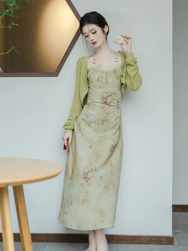 autumn bamboo green Chinese dress