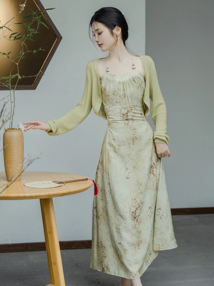 autumn bamboo green Chinese dress
