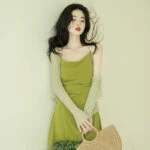 green mustard women Chinese dress
