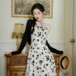 morning glory black Chinese dress