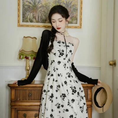 morning glory black Chinese dress