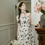 morning glory black Chinese dress