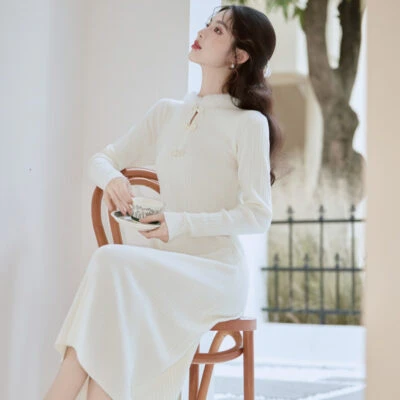 Knitted White Cheongsam Winter Women Chinese-style Dress