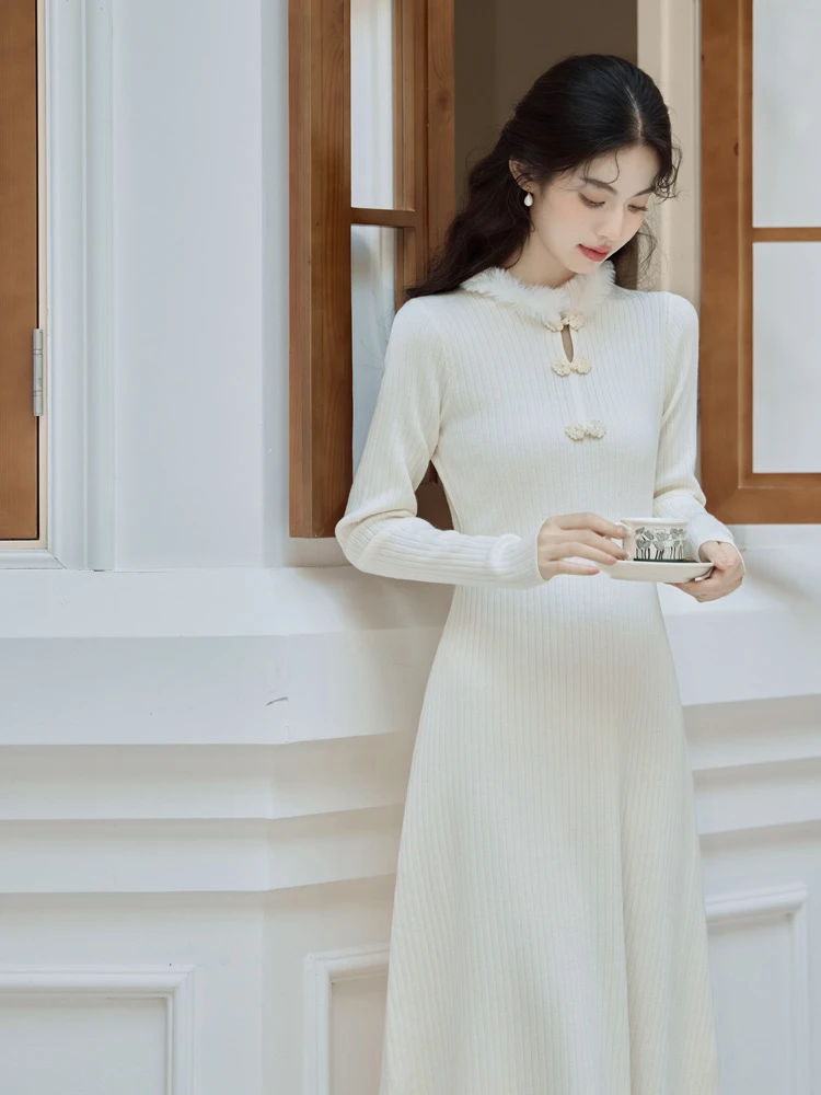 Knitted White Cheongsam Winter Women Chinese-style Dress