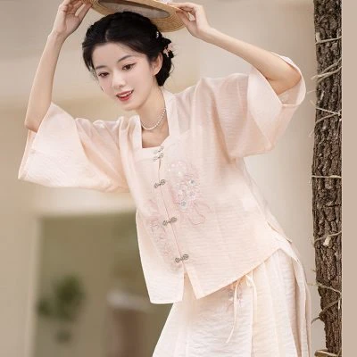 Summer Pink Hanfu Set Ming Short Ma Mian Skirt