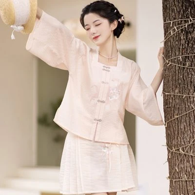 Summer Pink Hanfu Set Ming Short Ma Mian Skirt