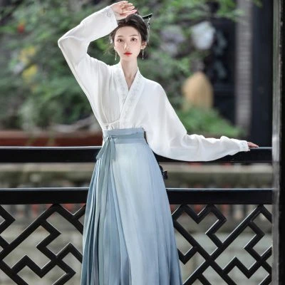Women Casual Hanfu Suit Blue Mamian Skirt Daily Style