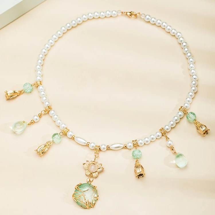 Hanfu Necklace Water Drops Green Women Pearl Ying Luo Accessories