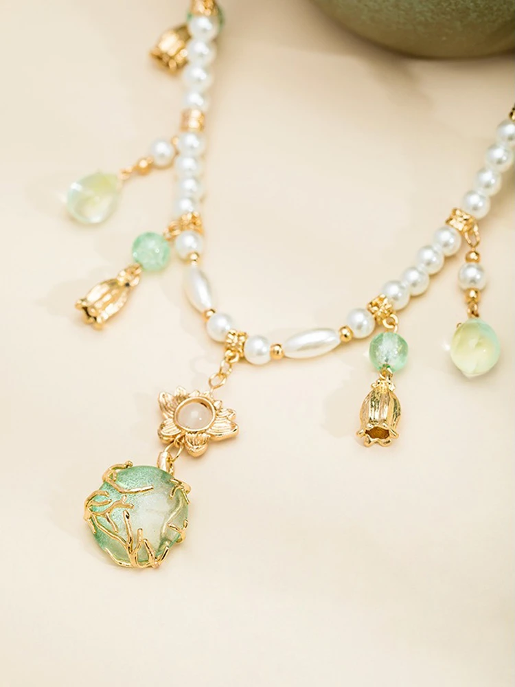 Hanfu Necklace Water Drops Green Women Pearl Ying Luo Accessories