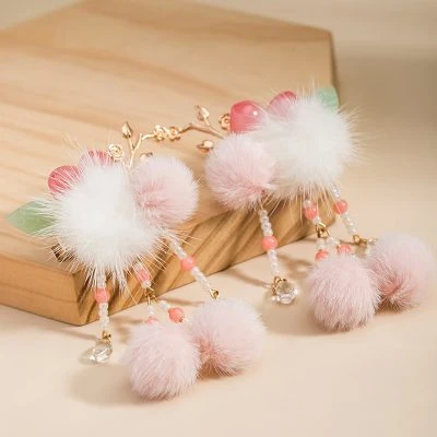 Hanfu Pink Headdress Plush Ball Hair Clip Children's Hair Accessories