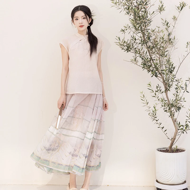 Ladies-Fashion-Hanfu-Ming-Short-Shirt-Ma-Mian-Skirt-Summer-Pink-1 Ladies Fashion Hanfu Ming Short Shirt Ma Mian Skirt Summer Pink