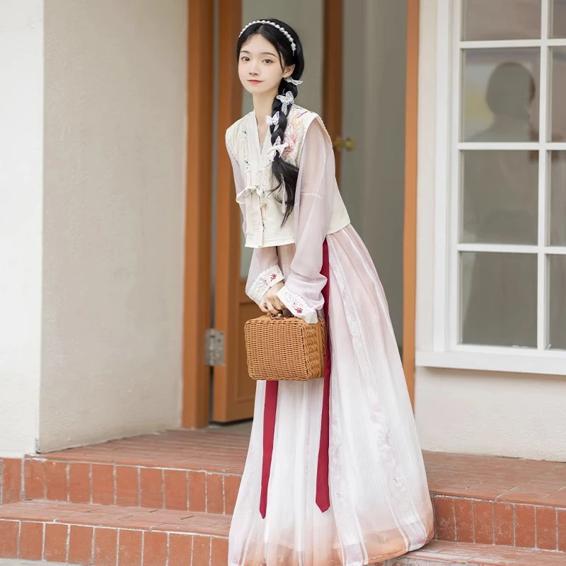 Tang-Dynasty-Ladies-Hanfu-Beizi-Pink-Fairy-Spring-Skirt-1 Tang Dynasty Ladies Hanfu Beizi Pink Fairy Spring Skirt