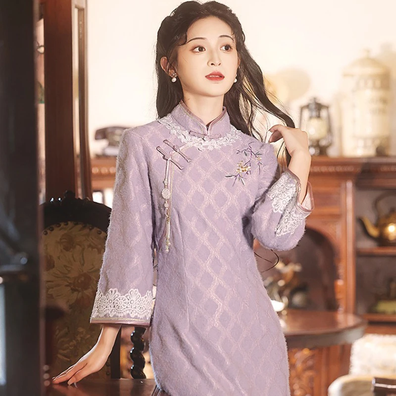 Classical-Cheongsam-Ladies-Winter-Long-Sleeve-Qipao-Purple-Style-1 Purple Grace 2