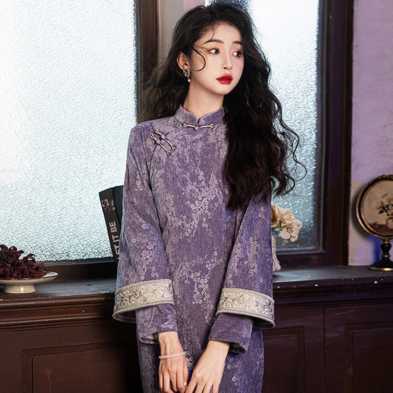 Purple-Winter-Cheongsam-Vintage-Classical-Girls-Qipao-1 Purple Winter Cheongsam Vintage Classical Girls Qipao