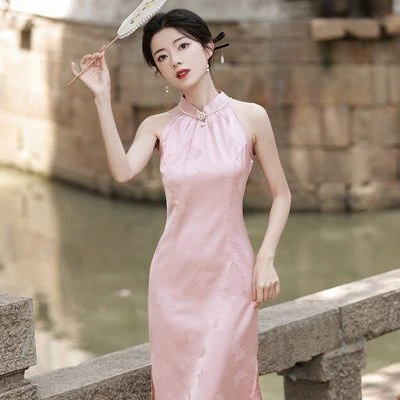 Pink Women Cheongsam New High-end Sleeveless Daily Skirt
