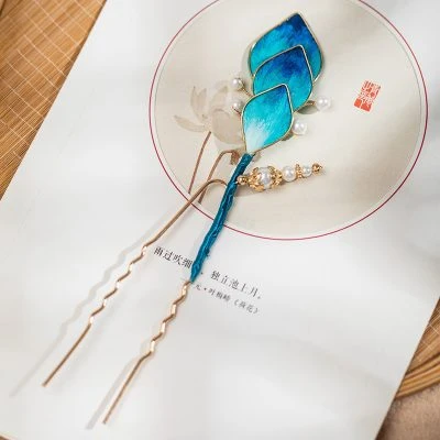 Women Velvet Flower Hair Pins in Blue Silk Premium Accessories
