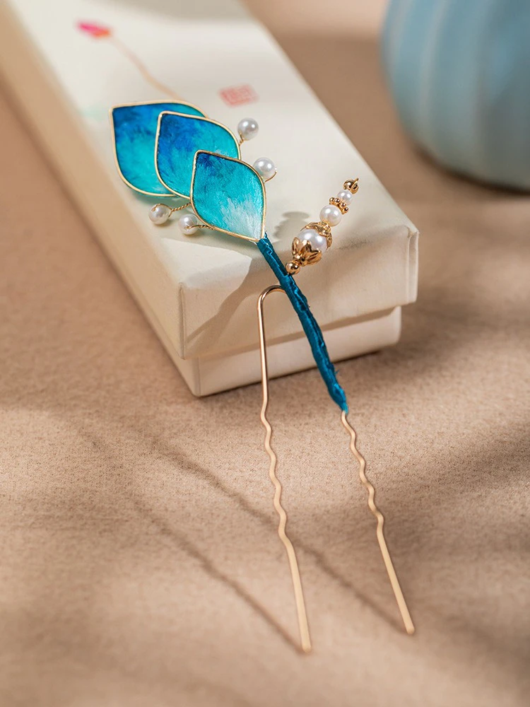 Women Velvet Flower Hair Pins in Blue Silk Premium Accessories