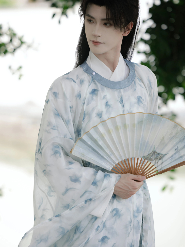 Men Spring Hanfu Round Collar Robe Song Style Halo Printed Blue Robe