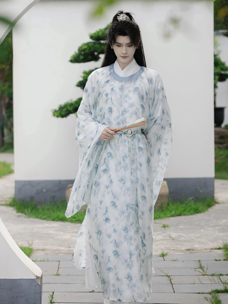 Men Spring Hanfu Round Collar Robe Song Style Halo Printed Blue Robe