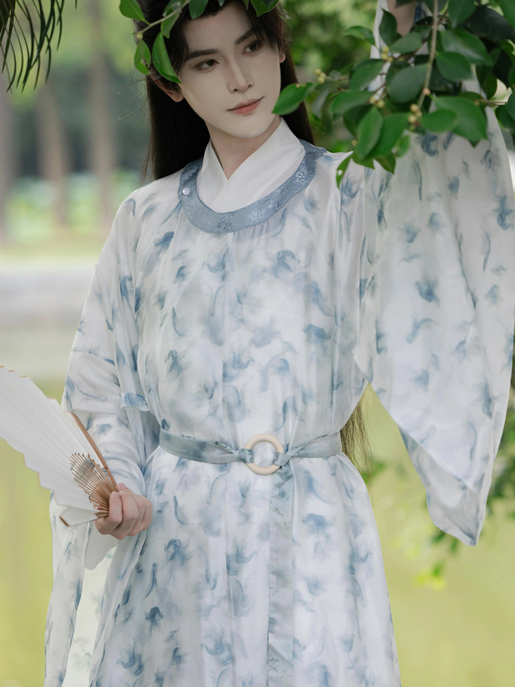 Men Spring Hanfu Round Collar Robe Song Style Halo Printed Blue Robe