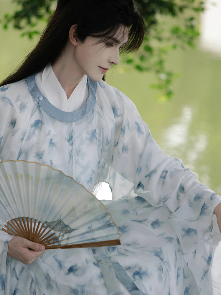 Men Spring Hanfu Round Collar Robe Song Style Halo Printed Blue Robe