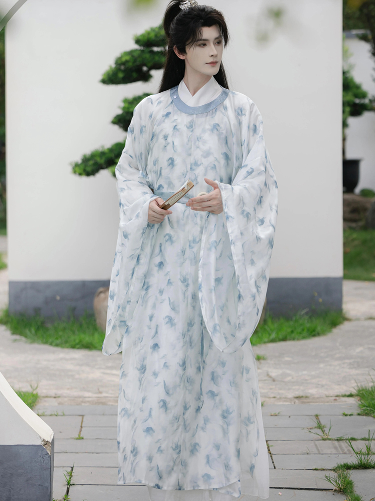 Men Spring Hanfu Round Collar Robe Song Style Halo Printed Blue Robe