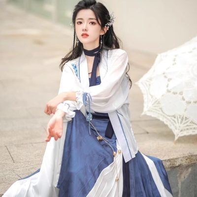 Summer Women Chinese Fashion Hanfu Blue Dress