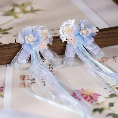 Children Hanfu Headdress Blue Ribbon Fairy Long Tassel