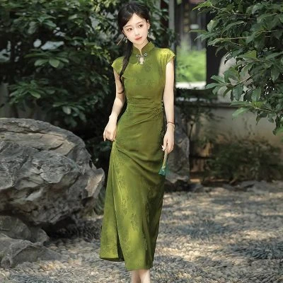 Summer Women Daily Green Jacquard Slim Cheongsam Dresses